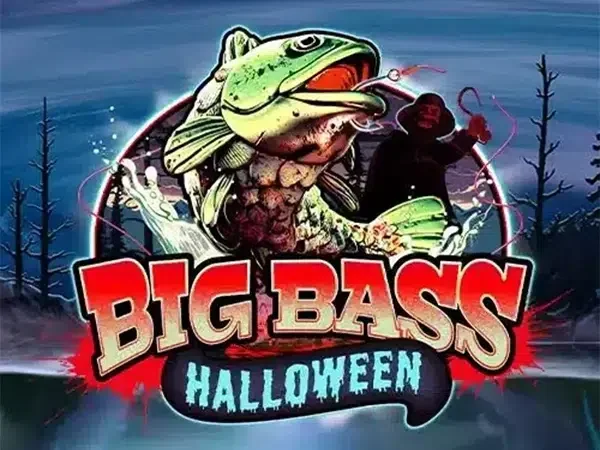 Capa do slot Big Bass Halloween: peixe verde e pescador sombrio num cenário noturno com árvores secas