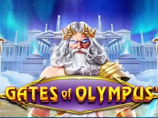 Capa do slot Gates of Olympus: Zeus de barba branca diante de um templo grego